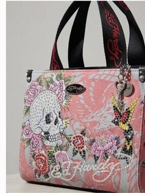 NWT Ed Hardy Pink Denim Rhinestone Skull Satchel Bag Crossbody Cyber Y2K McBling
